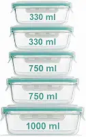 Conjunto 5 Potes de Vidro Herméticos com tampa, 5 peças 330ml,750ml, 1000ml - Tampas com 4 Travas Reforçadas, Freezer e Marmita Fitness
