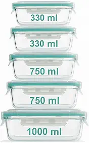 Conjunto 5 Potes de Vidro Herméticos com tampa, 5 peças 330ml,750ml, 1000ml - Tampas com 4 Travas Reforçadas, Freezer e Marmita Fitness