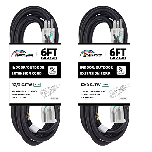 HONDERSON 2 Pack 6FT 12/3 Lighted Outdoor Extension Cord 12 Gauge 3 Prong SJTW