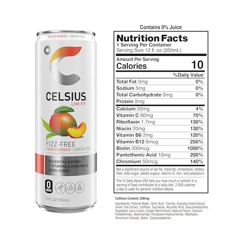 Image of CELSIUS Fizz Free Peach Mango Green Tea, Sugar Free Energy Drink, 12 Fl Oz (Pack of 4)