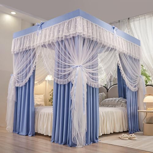Solid Blue Bed Canopy Curtain Double Layer Princess Mosquito Net for Girls and Adults 4 Corners Post with Ruffle Decoration California King Size