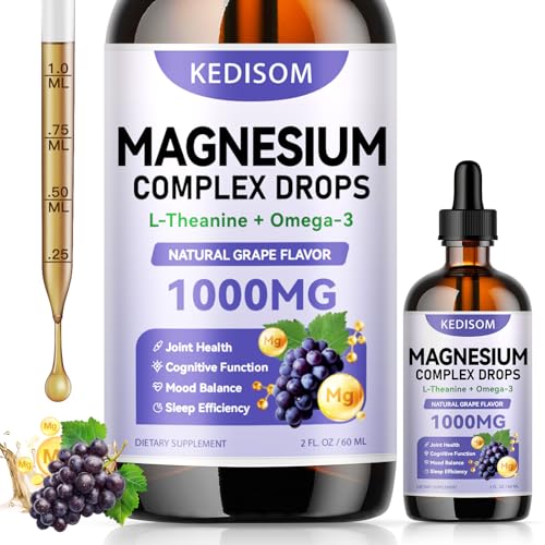 Magnesium Glycinate Liquid Drops 2 Fl Oz - Magnesium Complex Supplement with Vitamin B6 & B12 & D3 Plus L-Theanine Omega-3 for Bone & Joint Health, Cognitive Function, Sugar-Free Grape Flavor