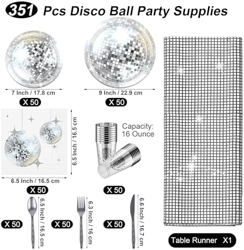 durony 351 Pieces 70s 80s Disco Party Supplies Silver Disco Ball Paper Plates Cups Disco Cocktail Napkins Plastic Cutlery Disco Party Table Runner for Disco Bachelorette Party Decorations(Serves 50) 3 51dm7L6p1qL. AC