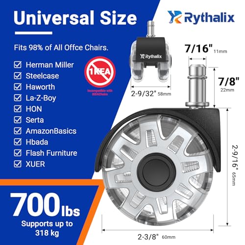 2.5" Office Chair Wheels Set of 5 - Desk Chair Caster Wheels, Smooth & Quiet, Universal Fit for Most Office/Desk/Gaming Chairs, Safe on Hardwood Floors & Carpets