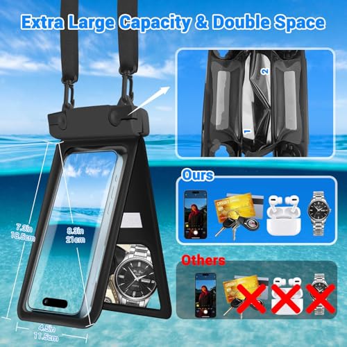 Waterproof Phone Pouch Floating, IPX8 Double Space Cell Phone Case for iPhone 15 14 13 Pro Max Plus Samsung Galaxy S23 S22 Ultra, Detachable Lanyard, Cruise Ship Essentials(Black)