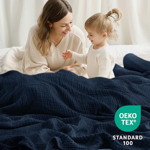100% Cotton Muslin Blanket Large 50" x 70", 6 Layers Breathable and Lightweight Navy Throw Blanket for Bed and Couch, Soft Quilt Bedspread, Gauze Blanket for Adults All Season, Navy, Dark Blue