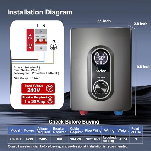 Image of 6kW 240V Tankless Instant Hot Water Heater for Kitchen or Bathroom Sink, Enlarged LED Digital Display, Knob Control, Multi-protection, IPX4, 30-55℃ On Demand Point of Use Electric Water Heater