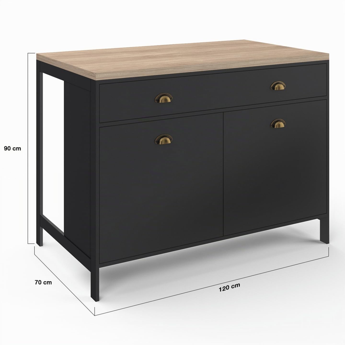 IDMarket - Isla central 120 cm campo ISIS con madera efecto haya y tablero negro