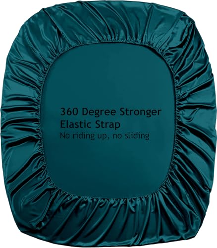 Image of Soft and Silk Satin Fitted Bedsheet for Single Size 36X75 +12 in - Elastic Fitted Sheet 400 TC Hotel Collection for Bedroom | Fitted Sheet with Pillow Cover Teal, Single Bed