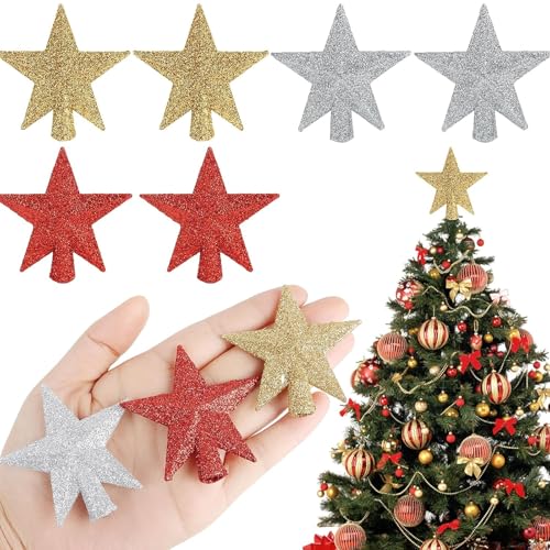 DazzJoy 6 Stück Mini Weihnachtsbaumspitze Stern, Glitzer...