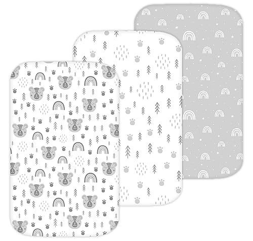 Image of Bassinet Sheets for Mika Micky, Cuddor, Evolur Bedside Sleeper by TansyPanda, 3 Pack, 19 x 32 Inch, Ultra Soft, Breathable, and Snug Fit, Unisex Boys and Girls, Gray White (Woodland Rainbow)