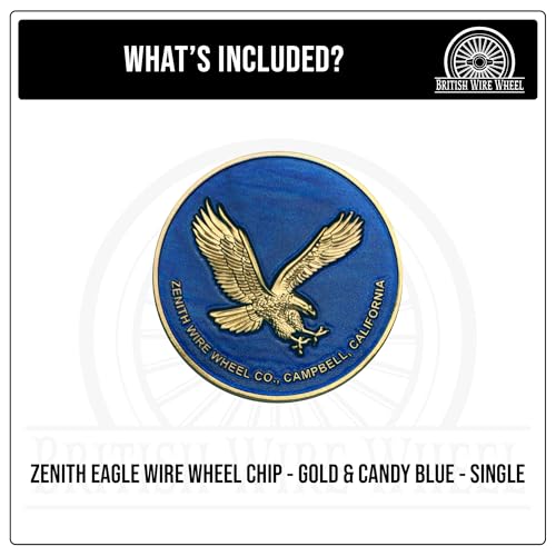 Image of Zenith Eagle Gold & Candy Blue Metal Wheel Chip Emblem (Single) | 24K Triple Gold Plated Solid Metal Wheel Chip Emblem, 2.25 inch | for Lowriders with Recessed Knock Off Spinner Caps