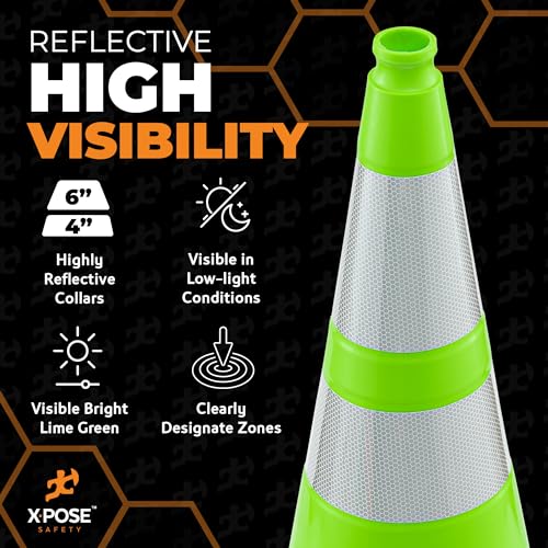 Image of Xpose Safety 28 inch Lime Green Traffic Cone Dual 6 inch & 4 inch Reflective Collar