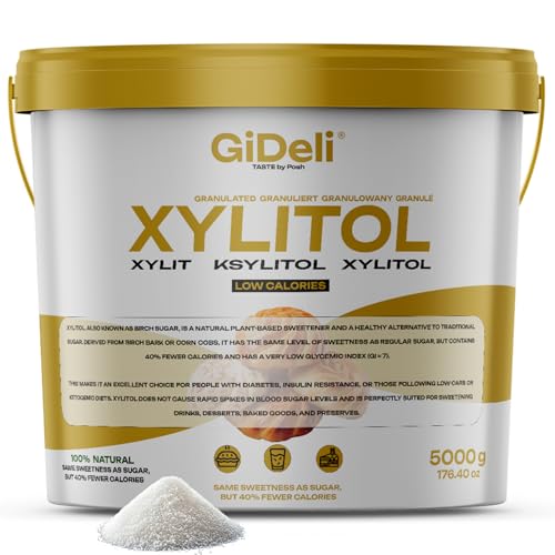 GiDeli Xilitol Azúcar Original de Finlandia 5kg en cubo de azúcar de abedul sustituto de alimentos como vegano y edulcorante dental