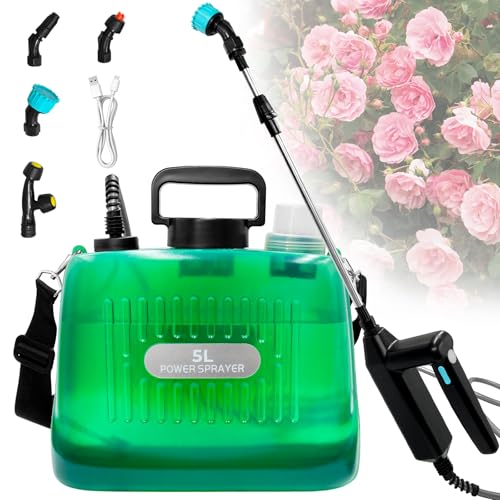 TOFFCAEA Battery Powered Sprayer 5L, with 4 Mist Nozzles, with Retractable Wand, USB Rechargeable Handle, Adjustable Shoulder Strap, for Garden Watering Agriculture (5L)