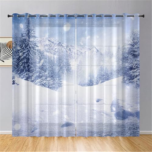 Surwin Lot de 2 Rideau Voilage, Flocons de Neige d'hiver Rideau à Oeillets, Voiles Intérieurs Translucides, Rideaux Salon Moderne pour Décorer Salon,...