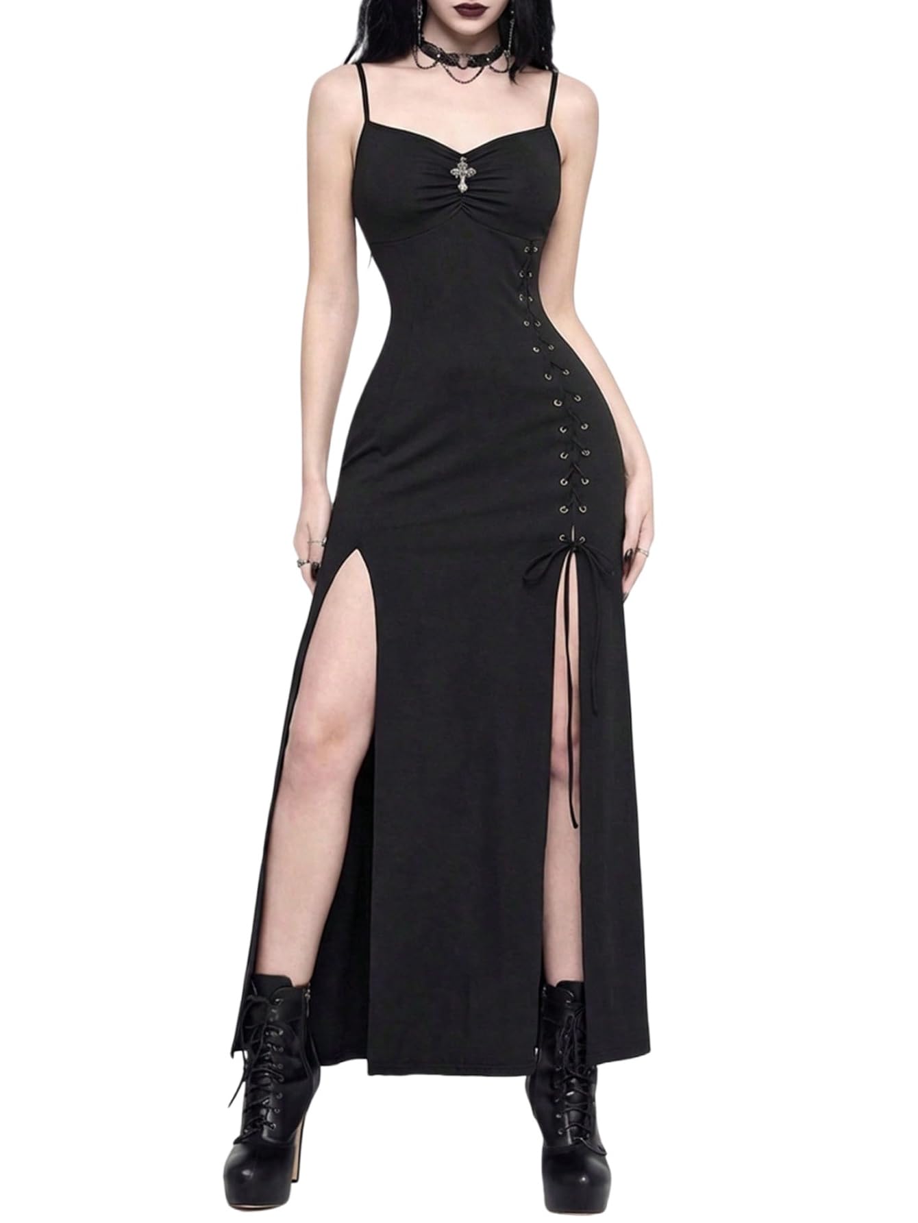 SweatyRocks Damska sukienka Y2k na ramiączkach spaghetti, sukienka maxi z rozcięciem, sukienka ołówkowa na Halloween, sukienka na ramiączkach, sukienka imprezowa, gotycka