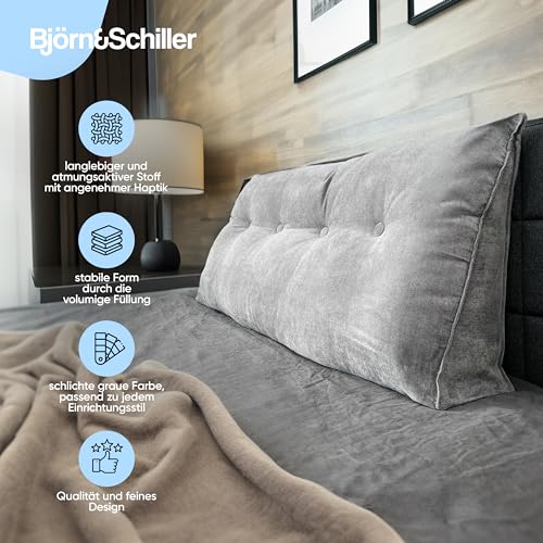 Björn&Schiller Rückenkissen - Lesekissen für Bett und Sofa, Keilkissen, Rückenpolster für die Wand, Sitzkissen, Wandkissen, groß mit waschbarem Bezug (Grau, 180 cm)