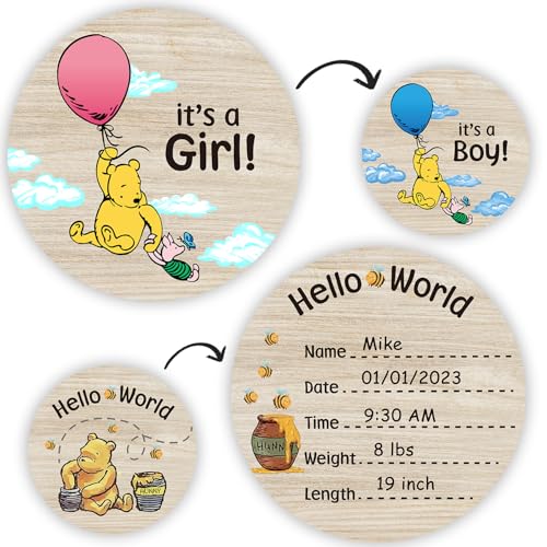 Its a Boy & Its a Girl Baby Birth Announcement Sign, The Winnie Baby Bear Newborn Hello World Baby Name Sign 6inch Double Sided - 2Pcs