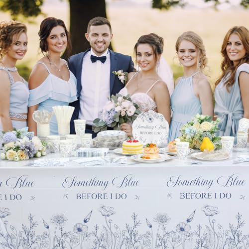 Image of Funnymoom 452 Pcs Something Blue Before I Do Bridal Shower Party Decorations Include Blue and White Floral Paper Plates Napkins Cups Tablecloth Cutlery Straws for Wedding Bridal Shower Party Supplies