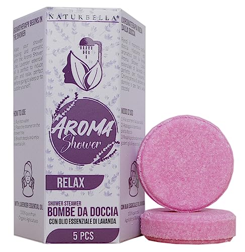 Naturbella® Aroma Shower Relax Lavanda – 5pz Bombe Doccia con Oli Essenziali Bio ed Olio Essenziale alla Lavanda 100% Naturale Bio, 100% Artigianale - Made in Italy