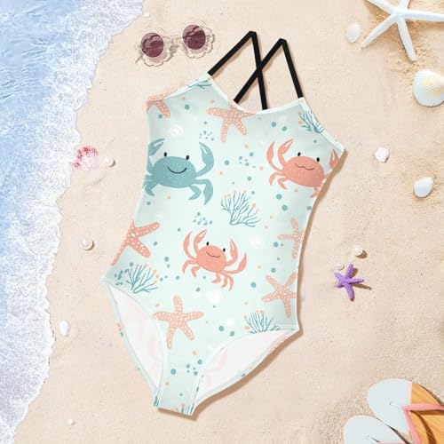 ZZKKO Cute Cartoon Crabs Starfish Girls Swimsuit One Piece Bathing Suit for Baby Girls' Swimwear 3-10T 6