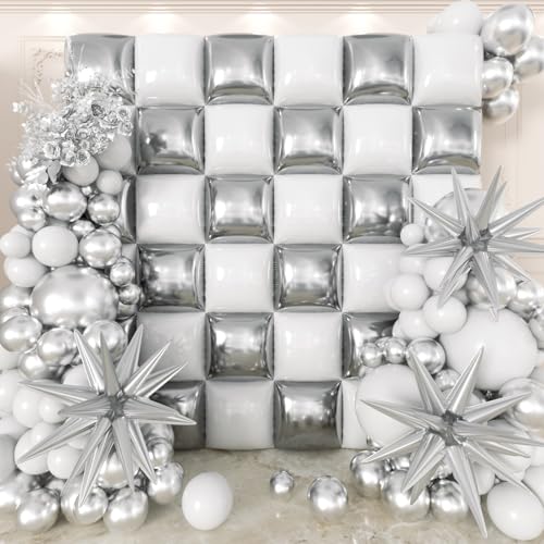 Image of 36pcs White and Silver Square Foil Balloons Wall Backdrop with 147pcs Balloon Garland Arch Kit, Double Sided Balloons for Bachelorette Wedding Birthday Engagement Anniversary Party Decorations