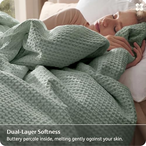 Image of Bedsure Cotton Duvet Cover King Size - 100% Cotton Waffle Weave Sage Green Duvet Cover, PureWoven Textured Breathable Bedding Comforter Cover for All Season, 1 Duvet Cover Only 104 inchx90 inch