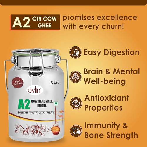Image of Ovlin A2 Desi Cow Ghee | Handmade Bilona Method Ghee | Pure Desi Cow Milk | Traditional Vedic Bilona Process | 100% Natural, Preservative Free | Rich in Vitamins A, D, E & K | Pure A2 Bilona Cow Ghee for Cooking & Daily Nutrition 5L