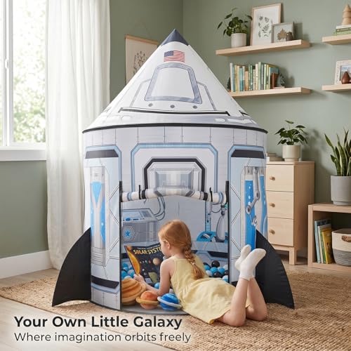 Image of PigPigPen Rocket Ship Tent for Kids: Instant Indoor Outdoor Space Playhouse for Toddlers - Astronaut Adventure Kids Camping Tent - for Boys Girls Space Decor & Outdoor Play