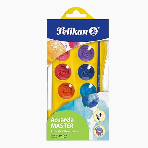 Pelikan Juego de pintura de acuarela y pincel de plástico lavable, 12 colores, 1 cada uno (07501201)