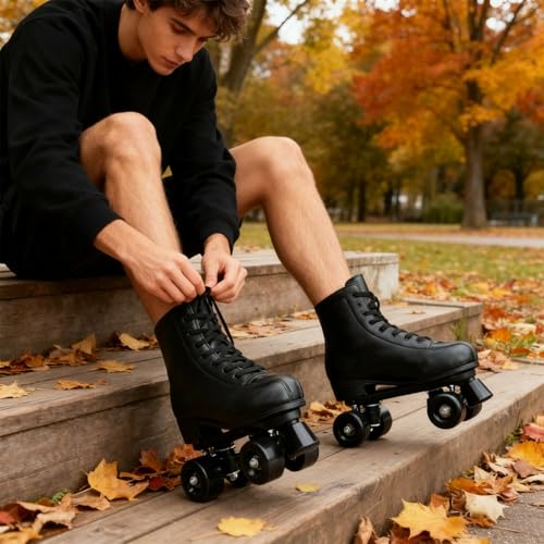 Image of Gets Womens Roller Skates Light Up Wheels, Artificial Leather Adjustable Double Row 4 Wheels Roller Skates Shiny Skates for Teens,Adult