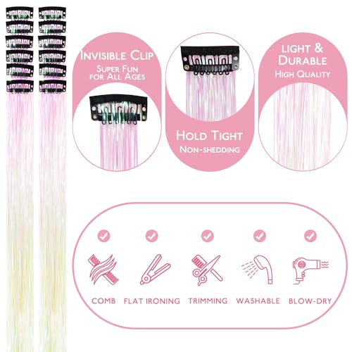 Image of WENNALIFE Hair Tinsel Clip In for Girls Bright White, 12pcs 24 inch Clips Tinsel Hair Extensions Clip in Colorful Glitter Clips Fairy for Kids