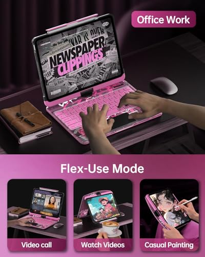 Image of Intermerge Transparent Keyboard Case for iPad Pro 11 inch(M5,2025 / M4,2024), 360 Rotating Multi-Touch Trackpad, 7-Color Backlit Keyboard, Pencil Holder, Type-C Charging, Blush Pulse