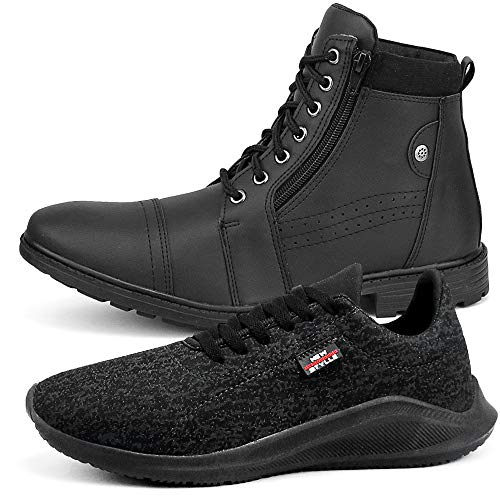 Kit de Tênis Caminhada Com Bota Coturno Tratorada Sapatofran Confortável (37, PRETO-PRETO)