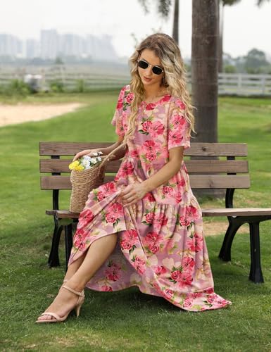 Image of YESNO Women Casual Loose Bohemian Floral Dress with Pockets Short Sleeve Long Maxi Summer Beach Swing Dress EJF