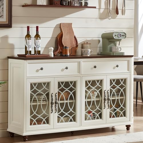 Farmhouse Sideboard Buffet Cabinet with Storage,59" Large Credenza with 4 Glass Doors & 2 Drawers,Adjustable Shelves Console Table,Wood Kitchen Coffee Bar for Dining Room,Living Room,White