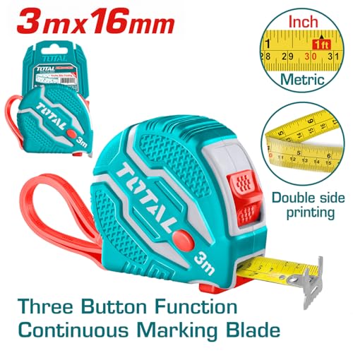 Image of TOTAL 3m x 16mm Steel Heavy Duty Measuring Tape with Double Sided Metric & Inch Scale, 3 Lock Buttons, Matte Anti-Glare Blade, Shockproof Rubber Case with Belt Clip Tape Measure for Construction Use