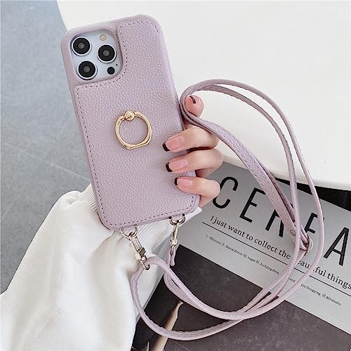 Étui portefeuille en cuir avec cordon et miroir pour iPhone 14 Pro violet