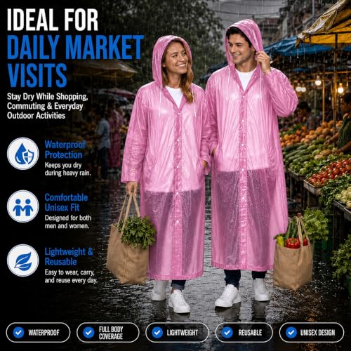 Image of OTOROYS Waterproof Long Rain Coat with Hood for Men, Women, Boys & Girls | Universal Full Length Reusable PVC Raincoat | Lightweight Portable Rain Ware for Bike Riding, Travel & Outdoor, Pink