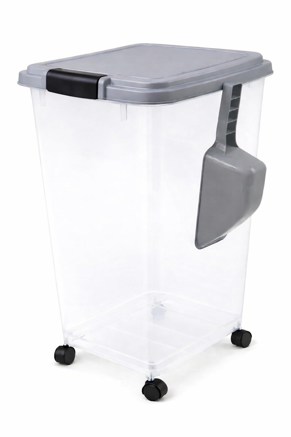 Raxter Grey Pet Food Storage Container, 40L (15Kg), Airtight Flip-Top Locking Lid, Transparent Plastic, With Wheels And Scoop, For Dog, Cat And Bird Food (Grey)
