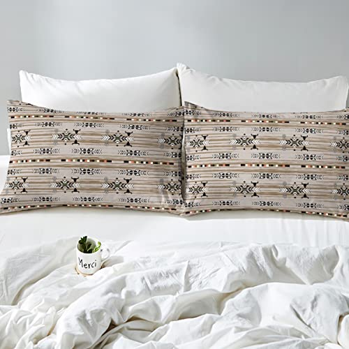 Western Boho Bedding Sets Queen,Cow Dream Catcher Fitted Sheet Southwestern Bed Sheets,Ethnic Tribe Arrow Aztec Bedding Decor Set Retro Vintage Exotic Longhorn Skull Boho Decor Khaki Beige #TOP3