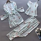 Damen Schlafanzug,Home Sommer 3 Pcs Eis Seide Frauen Pyjama Kirsche Frucht Drucken Süße Weste Hose Weste Set Schlafanzug Blau Mode Lässig Locker Und Weich Plus Size Pyjama Set, Bild, L