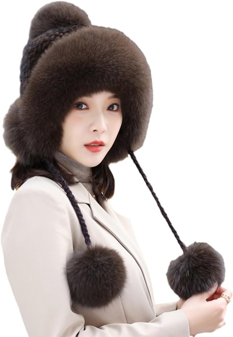 Women Winter Hat Girls Real Mink Hair Cap Skullies Beanies Fox Hair Trimmed Pompom Warm Outdoor