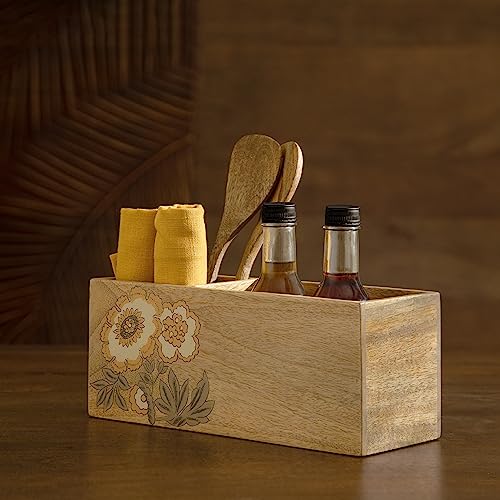 Image of Ellementry Fleur D'or Wooden Cutlery Holder, Fork Stand for Spoon, Knife & Chopstick | Utensil Organizer for Kitchen and Dining Table, Handcrafted Tableware Storage Box for Spoons