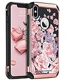 iPhone Xs Case (2018), iPhone X Case, BENTOBEN Shockproof 2 in 1 Flower Peony Pattern Cover, Anti Scratch Protective Floral Girls Women Case for Apple iPhone Xs, iPhone X/10, Rose Gold/Black