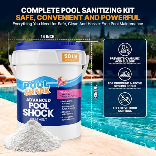 Image of POOL SHARK 68% Calcium Hypochlorite Pool Shock | 50 lb Bucket Chlorine Granules | Pool Shock Treatment for Swimming Pools | Inground & Above Ground Pool Cleaning, Fast-Acting Chlorine Shock