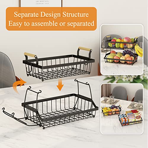 Wisdom Star 2 Tier Fruit Basket Bowl Farmhouse With Side Hooks For Kitchen Countertop, Detachable Metal Bread Fruit Vegetable Storage Basket Stand Holder With Wooden Handle, Black #TOP3