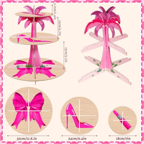 TEASIK Pink Palm Tree 3-Tier Cardboard Cupcake Stand, Tropical Luau Hawaiian Party Dessert Tower for Pool Beach Party, Moana Birthday & Girl Pink Pool Party Decorations by TEASIK - Used condition - Image 2