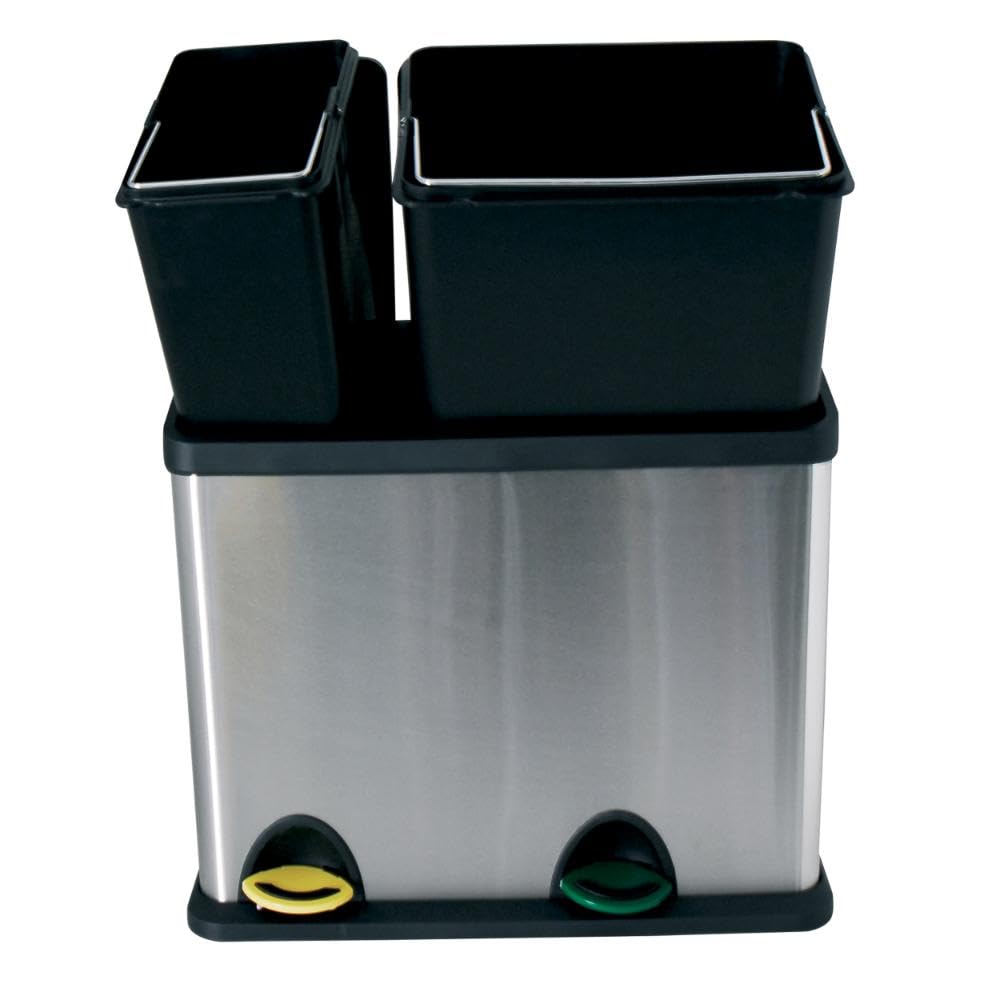 MSV Mülleimer Mülltrennsystem 26 L (8 Liter + 18 Liter) mit Inneneimer große Abfallbehälter Abfalleimer Treteimer Edelstahl, Silber/Grau